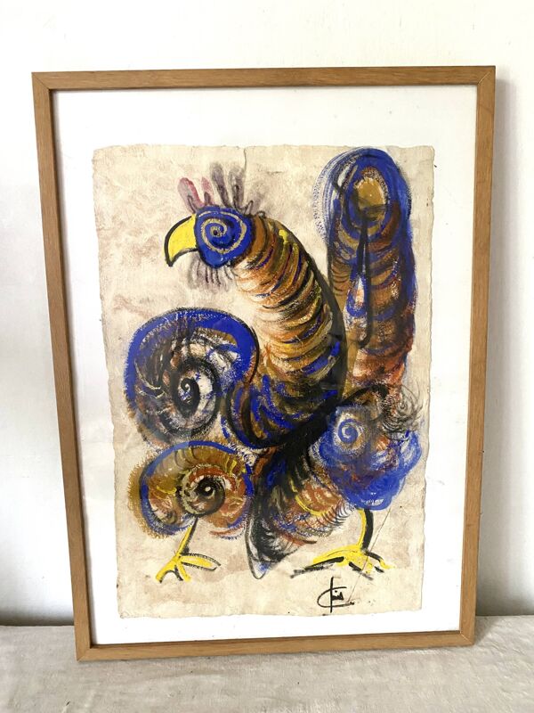 Peinture coq gouache sur papier , école moderne