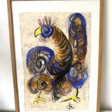 Peinture coq gouache sur papier , école moderne
