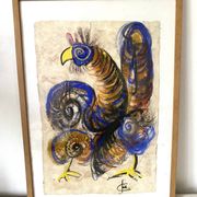 Rooster painting gouache on paper, modern school