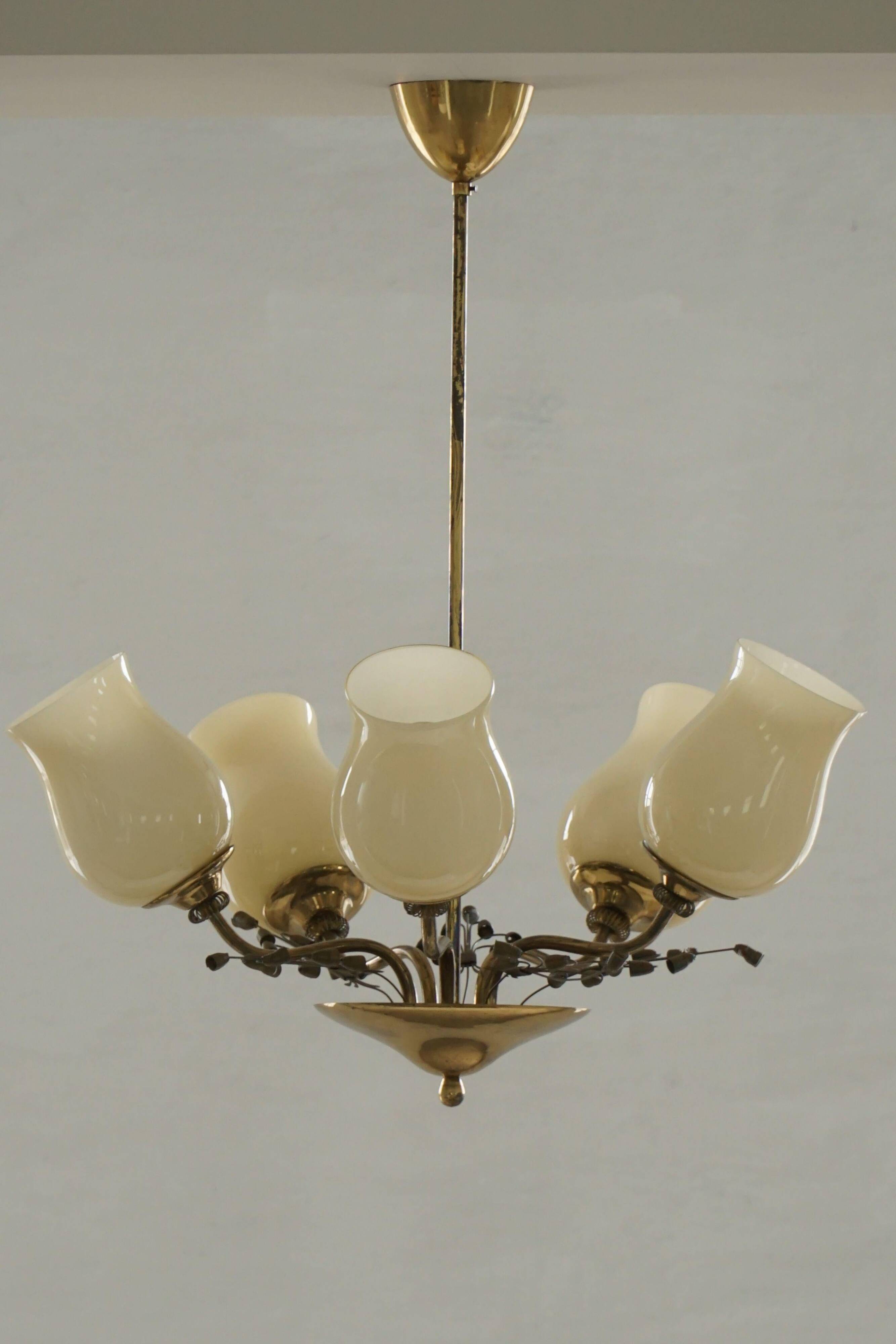 Brass and glass chandelier, Lisa Johansson-Pape for Stockmann, Finland, 1940s.