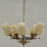 Brass and glass chandelier, Lisa Johansson-Pape for Stockmann, Finland, 1940s.