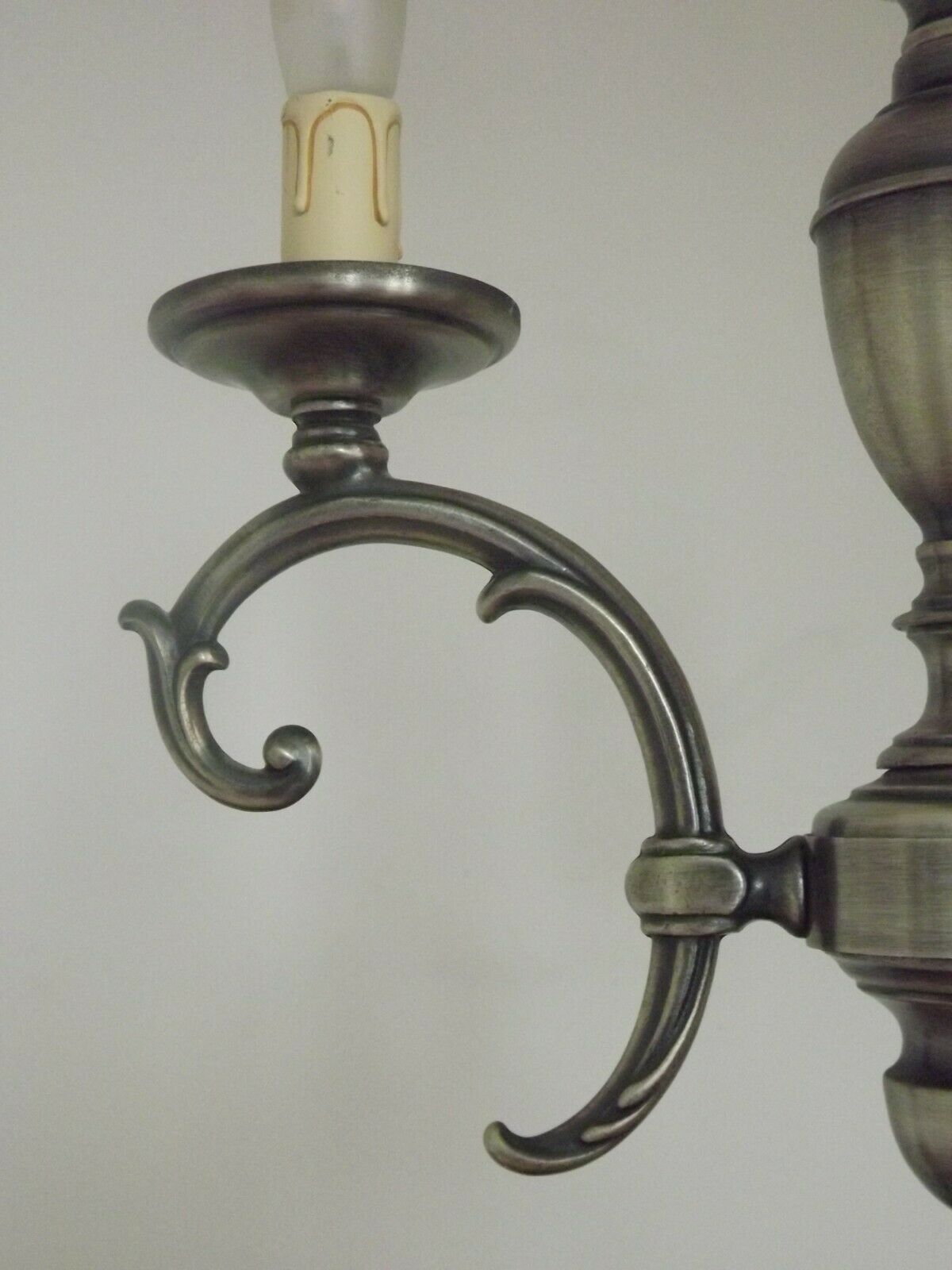 French brushed silver metal 3 light chandelier scroll leaf detail