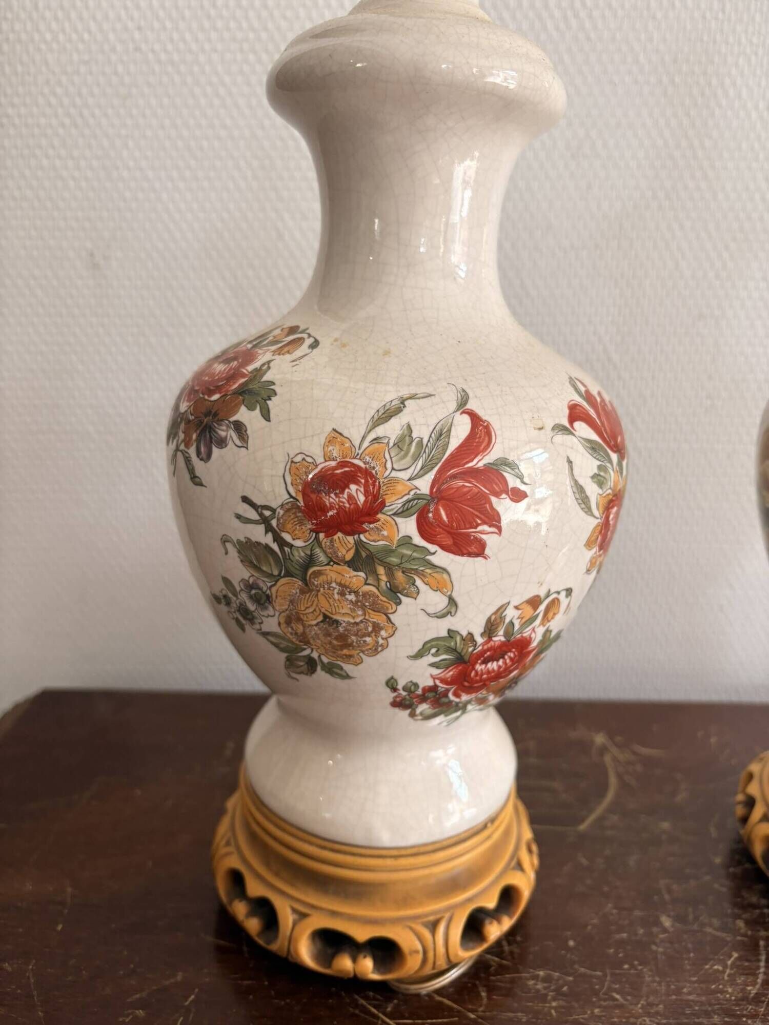 Antique Pair of Ceramic Floral Bulbous Lamps Shabby Chic