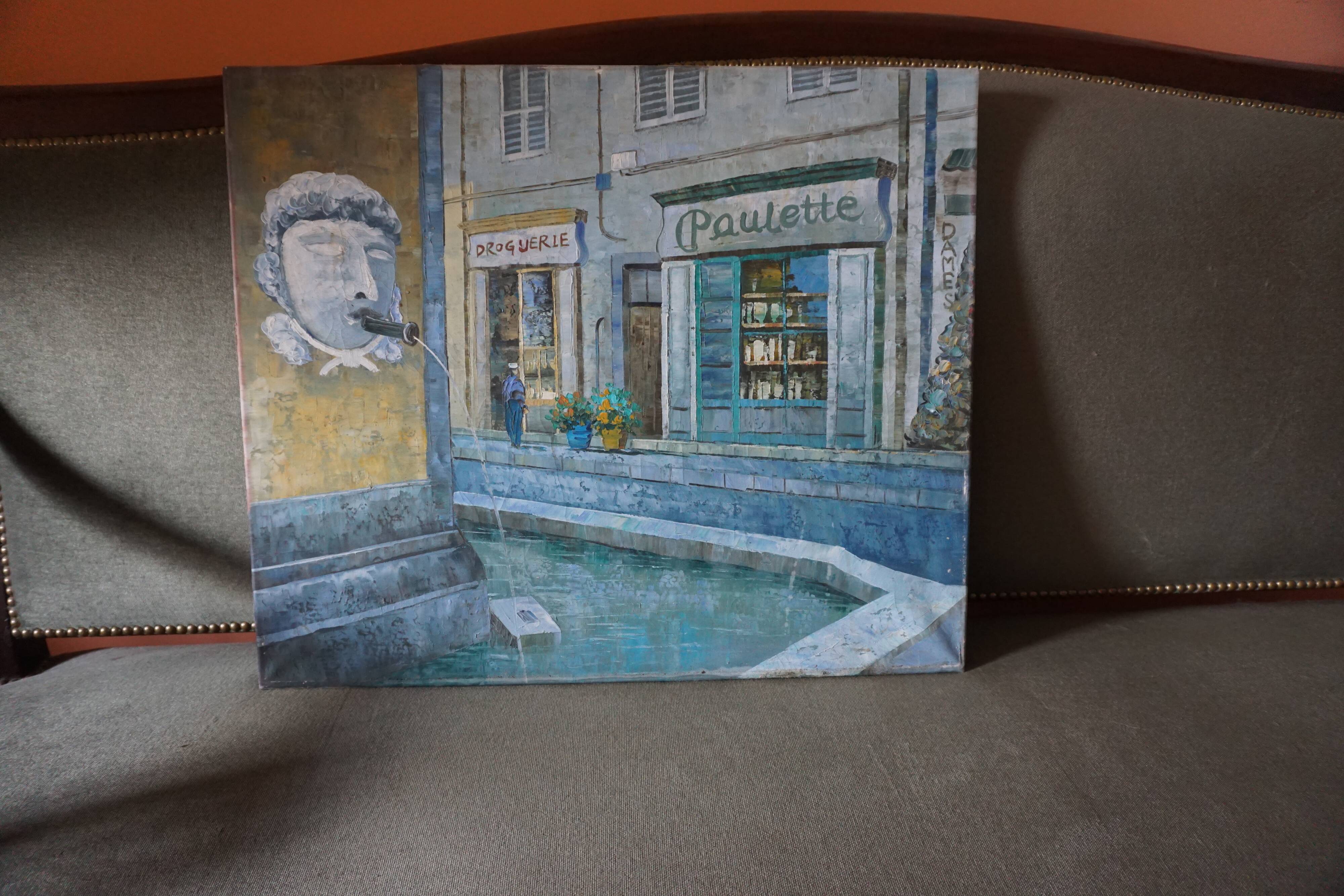 Oil on canvas street in the village of Cotignac (Provence)