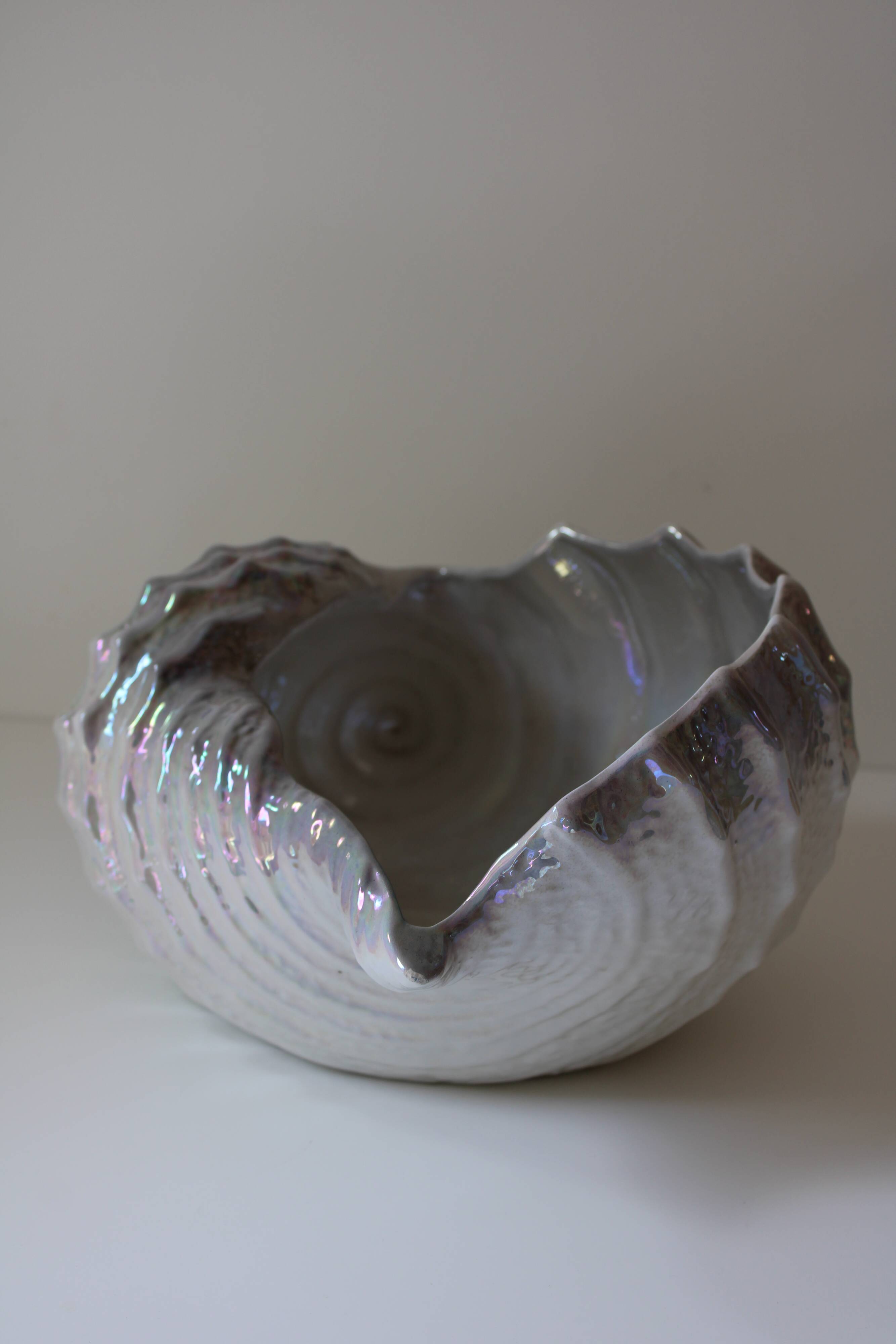 Large iridescent barbotine shell bowl, Italy vintage