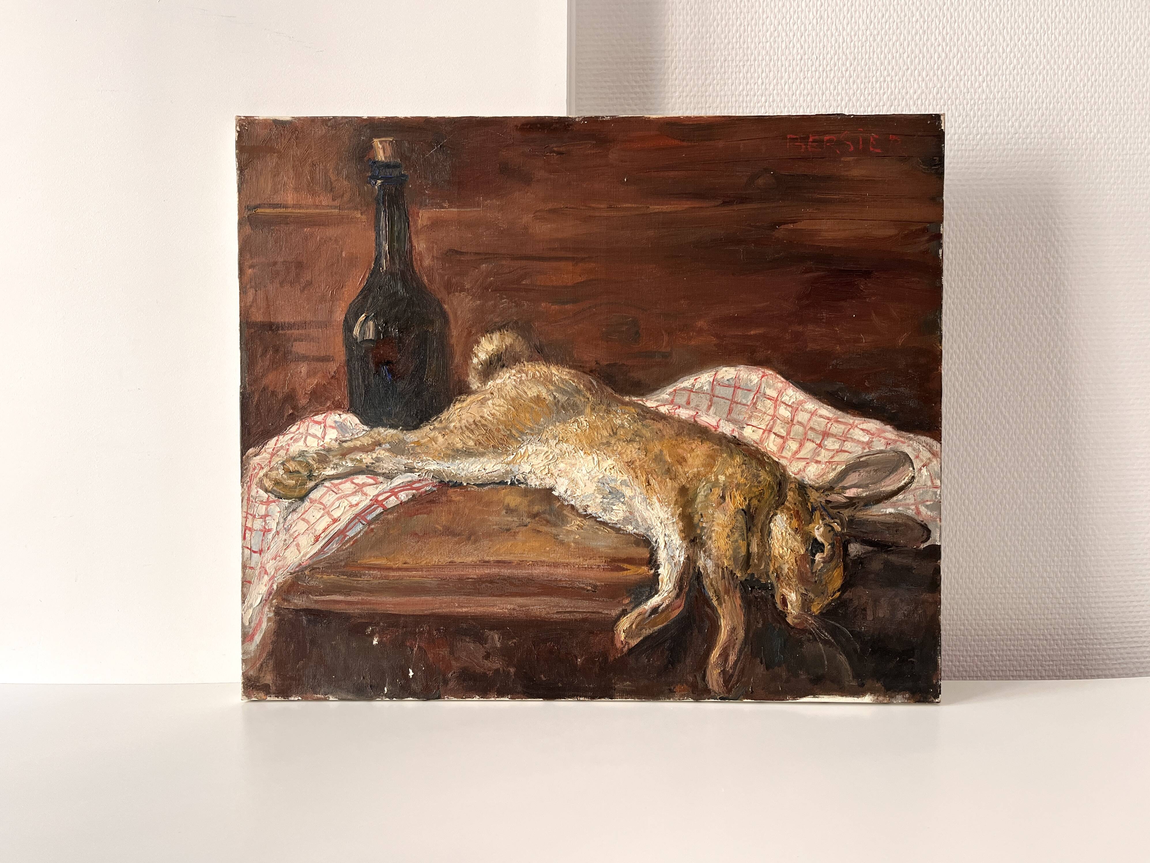Oil painting on canvas of a still life with a hare circa 1950
