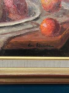 Original Swedish Oil on Canvas – 'Still Life with Vase and Fruits' by Christian Rhode – Signed – Vintage & Framed