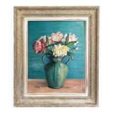 Antique painting, oil on panel, bouquet of peonies
