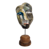 Signed raku ceramic mask, wooden base – Contemporary sculpture 29 cm