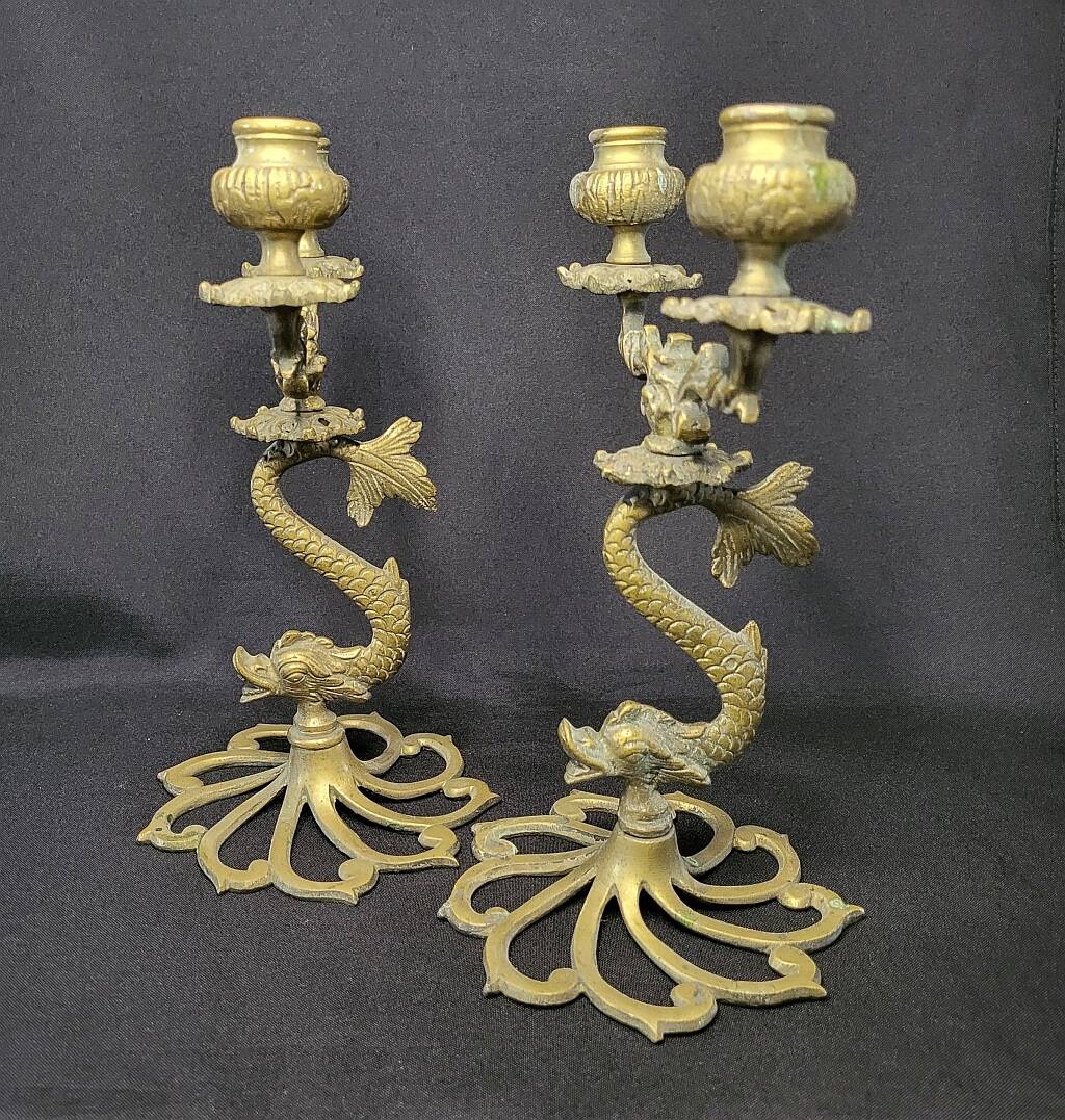 Pair of Koi Fish Candle Holder Solid Brass