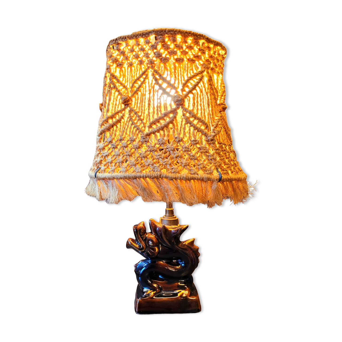 Old vintage ceramic lamp and rope lampshade 40s 50s