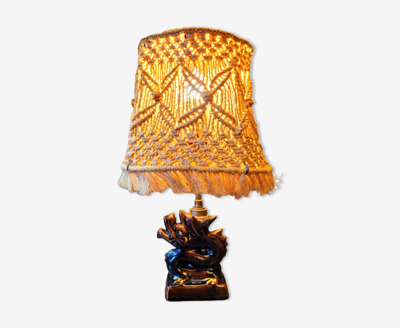 Ancienne lampe en céramique vintage et abat-jour corde années 40 50