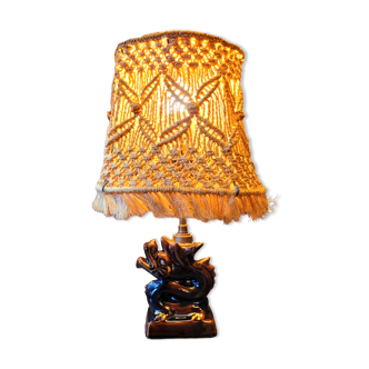 Ancienne lampe en céramique vintage et abat-jour corde années 40 50