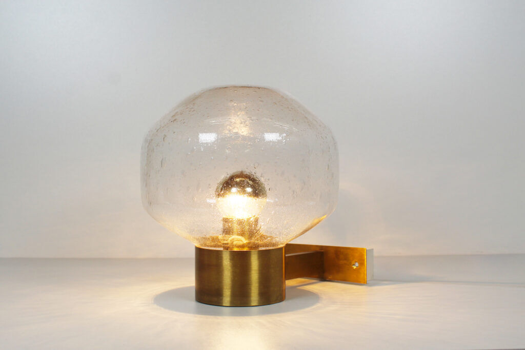 Pair of vintage brass and mouth blown glass wall lights