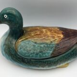 Central soup, dish and lid in polychrome enamelled ceramic, duck shape