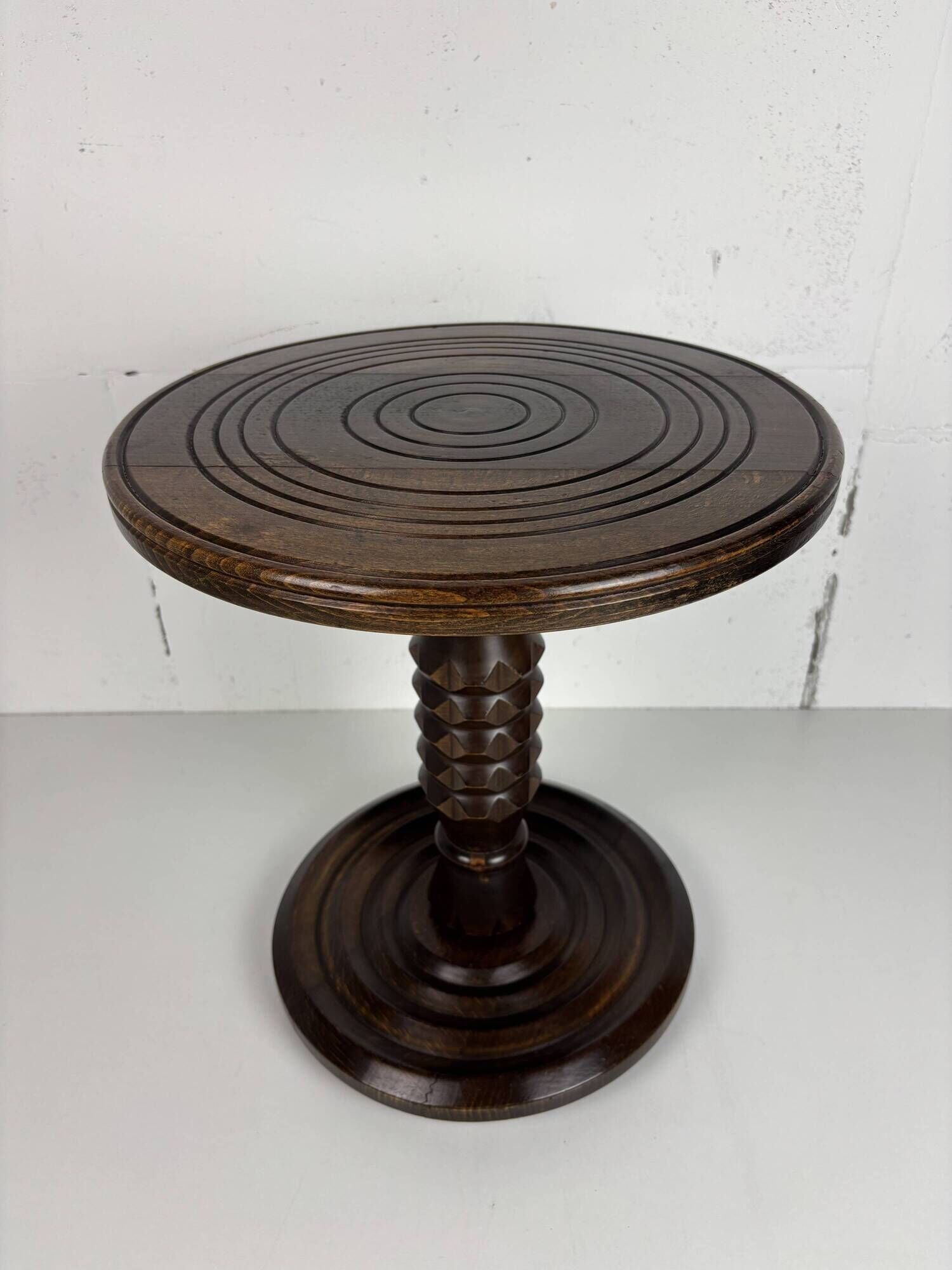 Low wood turned midcentury brutalist side table, style of Charles Dudouyt