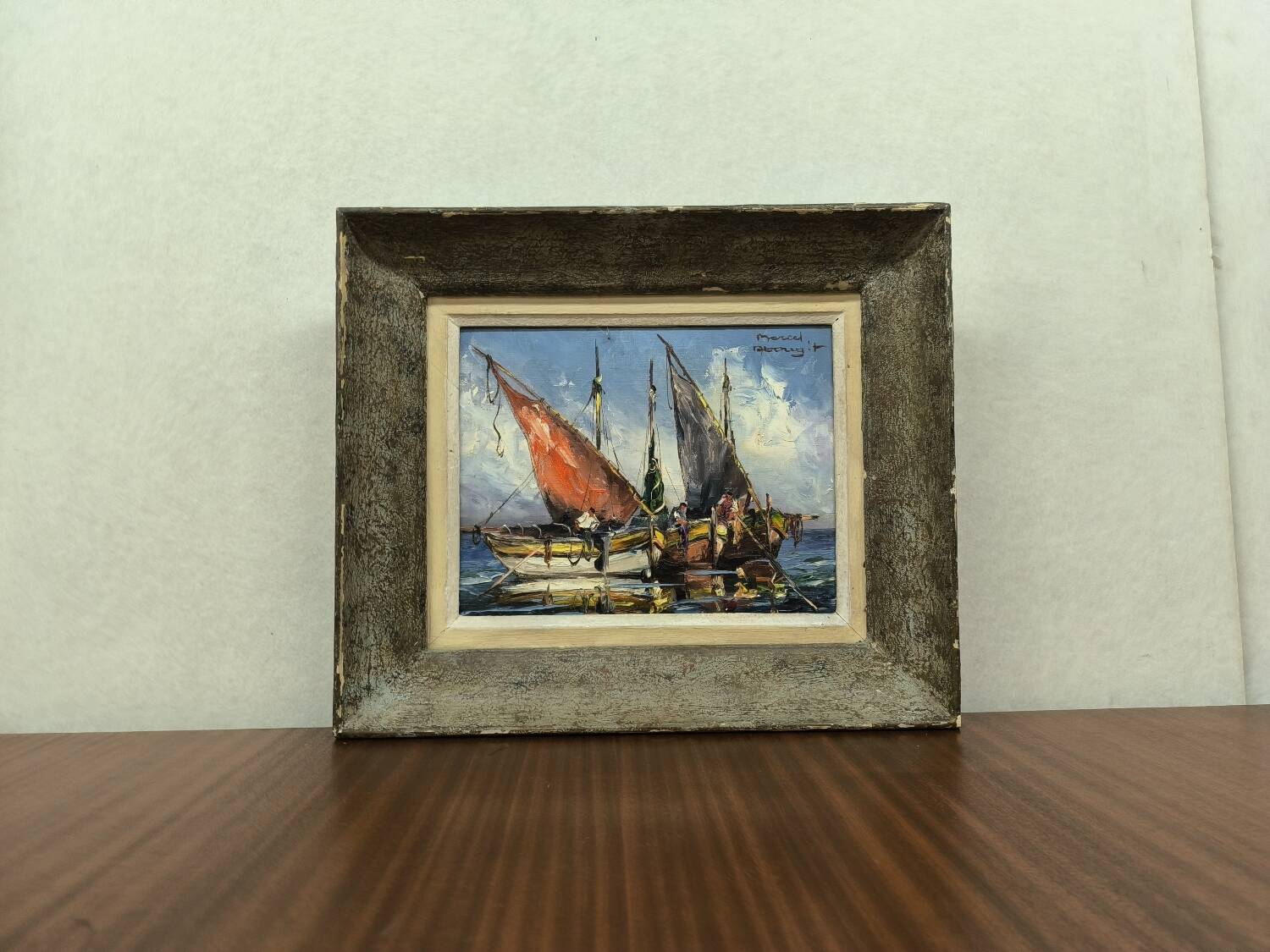 Huile sur toile marine Marcel Abougit Barques de pêcheurs Côte d'Azur