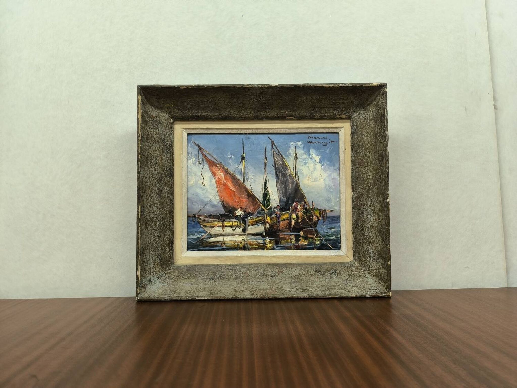 Oil on canvas, marine scene, Marcel Abougit, Fishing boats, French Riviera