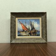 Oil on canvas, marine scene, Marcel Abougit, Fishing boats, French Riviera