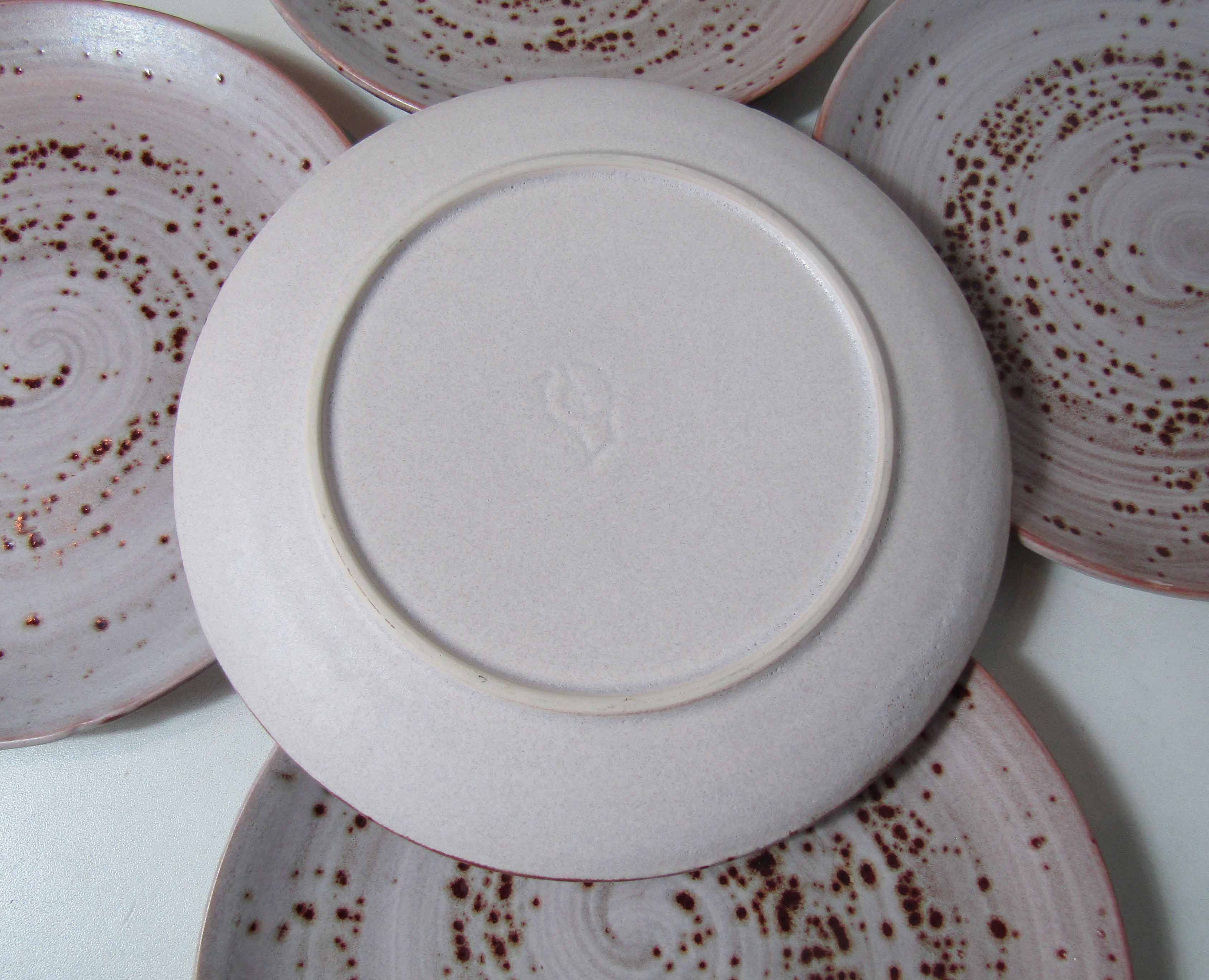Set de 6 assiettes plates en grès beige rose vintage 23,8 cm