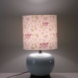 Celadon-colored cracked ceramic table lamp with new personalized lampshade.