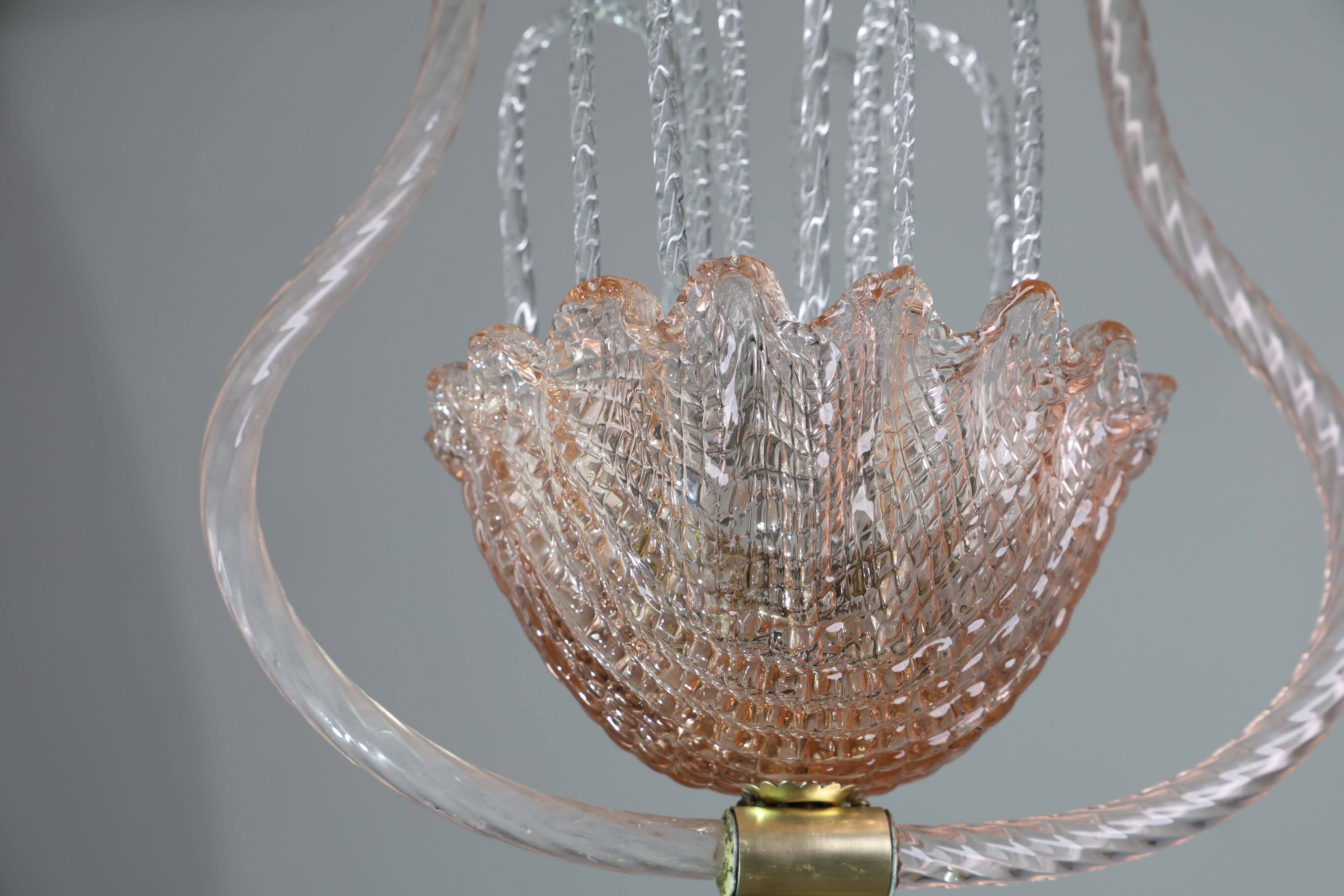 Charming Pink and Transparent Murano Glass Chandelier by Barovier e Toso, 1950s