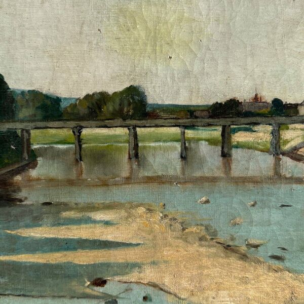 Huile sur toile représentant un cours d'eau avec un pont début XXe