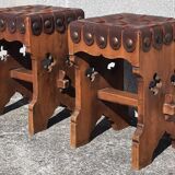 Pair of brutalist stools, leather seat.