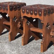 Pair of brutalist stools, leather seat.
