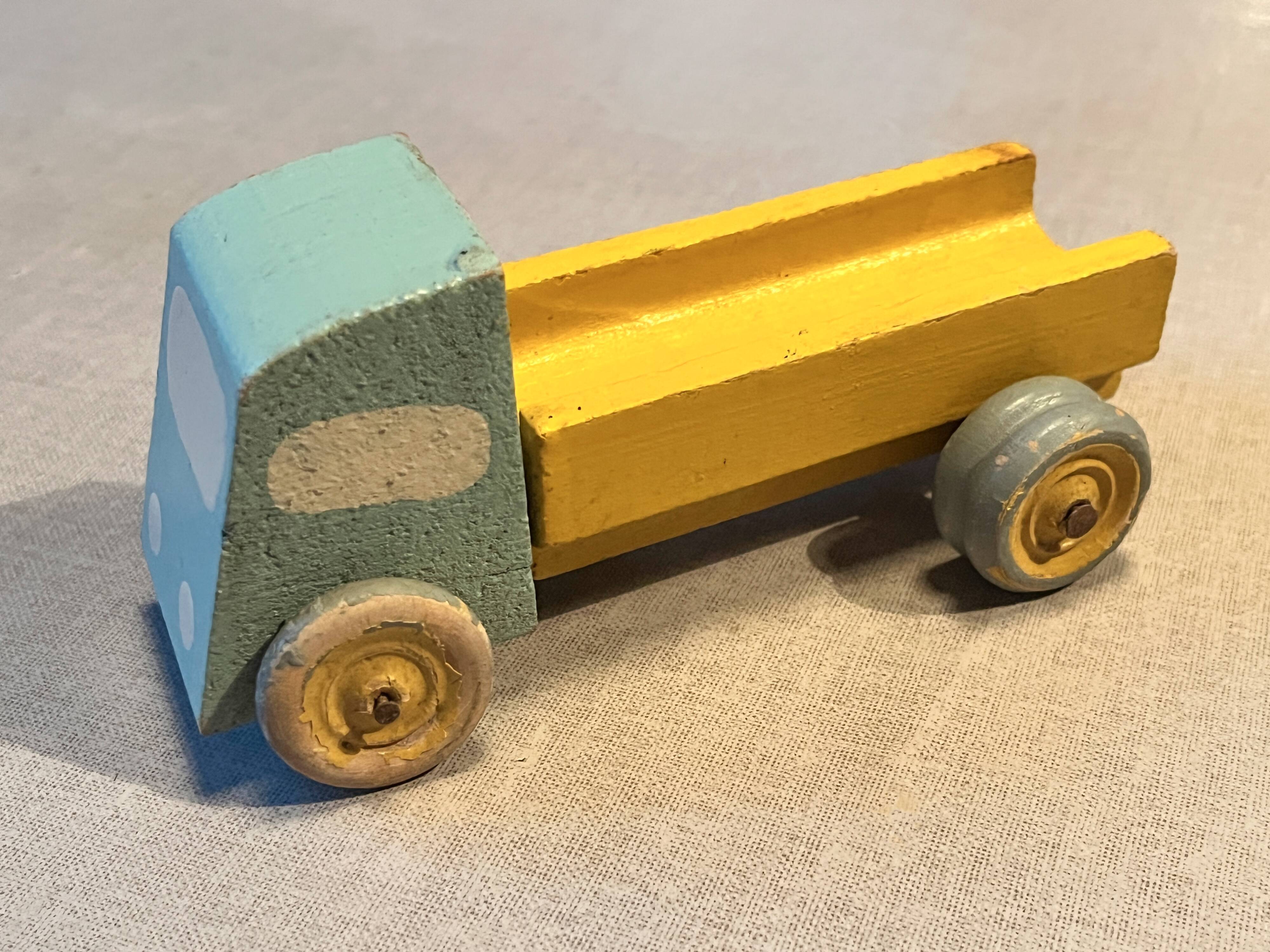 Yellow/grey wooden flatbed truck, vintage toy