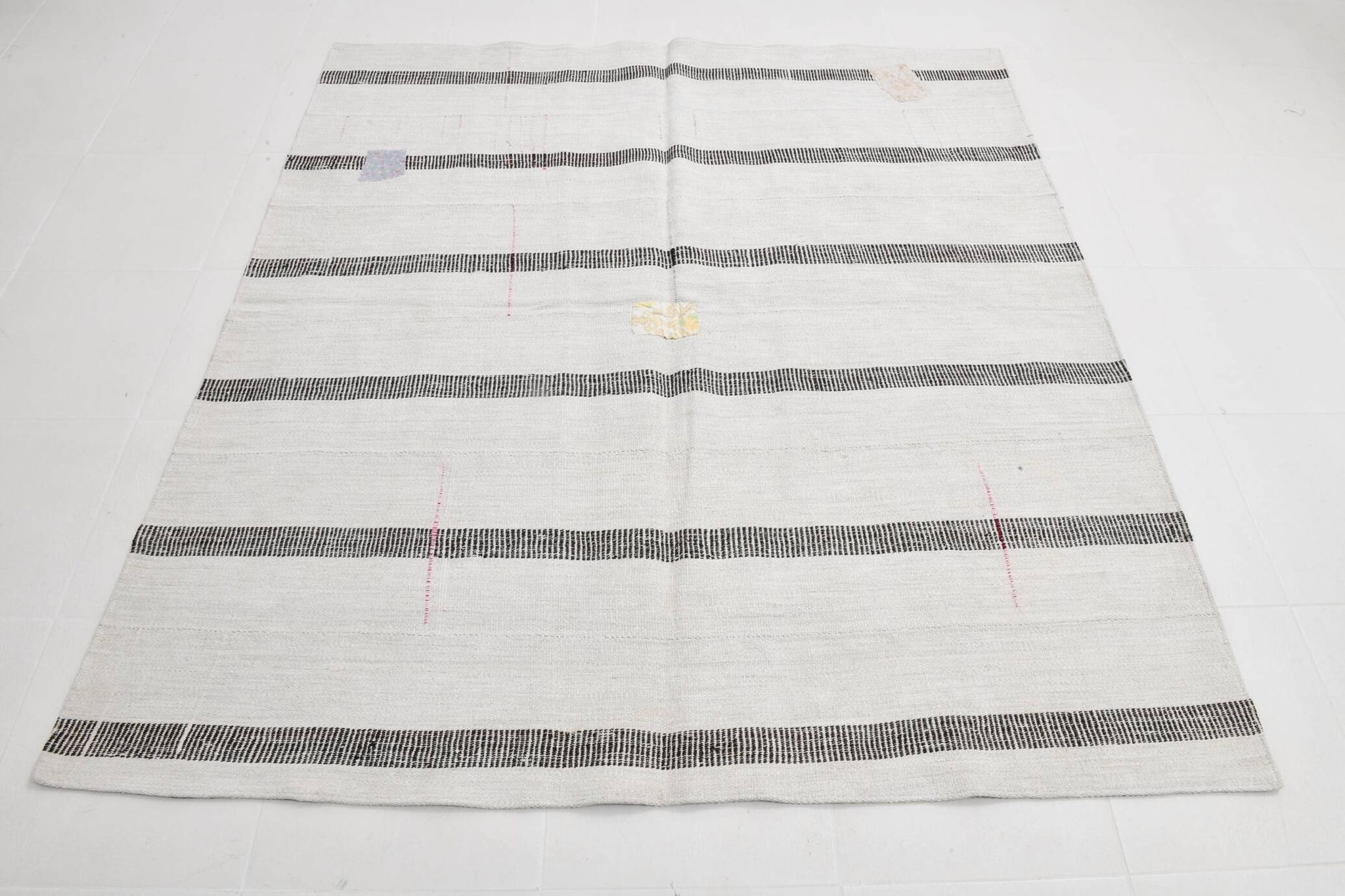 6x6 Square White & Black Vintage Kilim Rug, 187x195Cm
