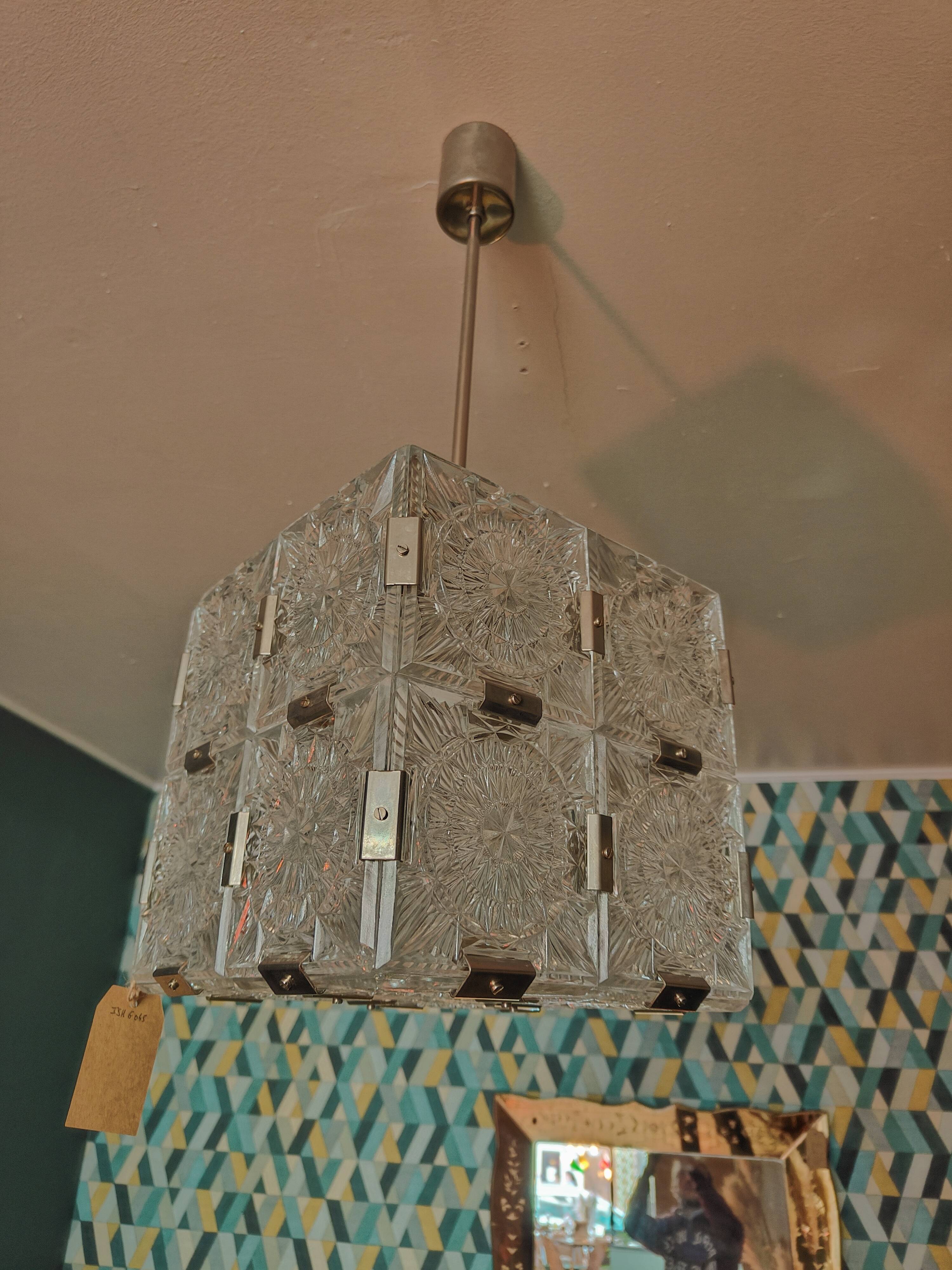 Glass faceted cube chandelier by Jaroslav Bejvl for Kamenicky Senov, year 1968