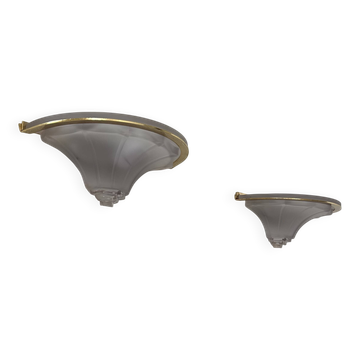 Pair of vintage glass and brass wall lights, France, 1960s