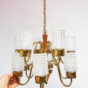 Swedish mid-century chandelier in teak with 12 tulips Eriksmalaglass (38 cm)