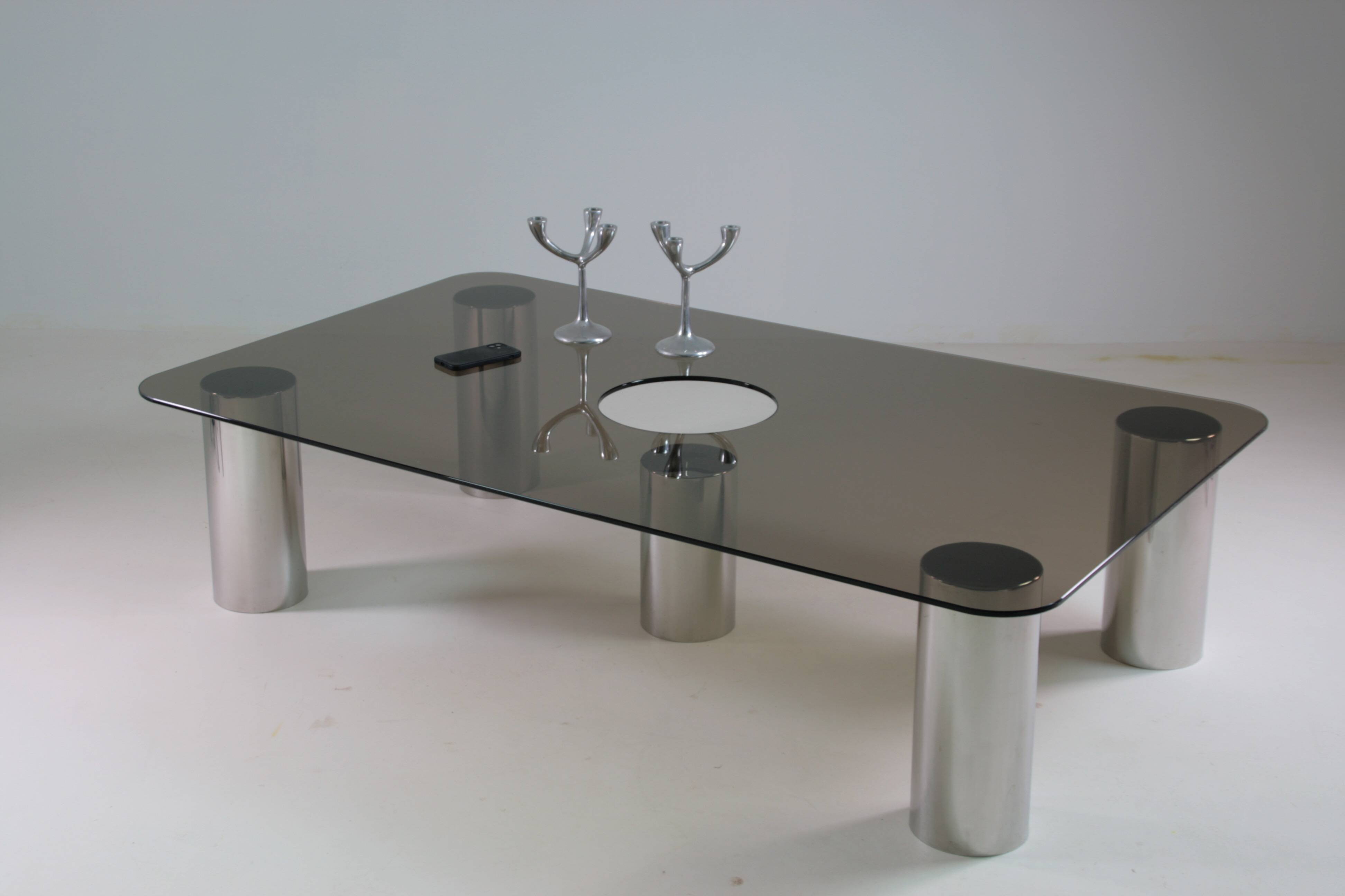 Large coffee table in chromed metal and smoked glass, Italy 1970
