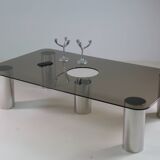 Large coffee table in chromed metal and smoked glass, Italy 1970