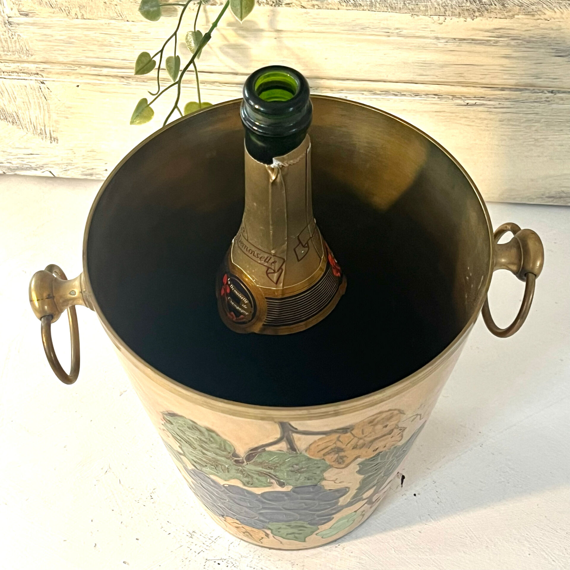 French vintage cloisonne champagne bucket with grape and vine design
