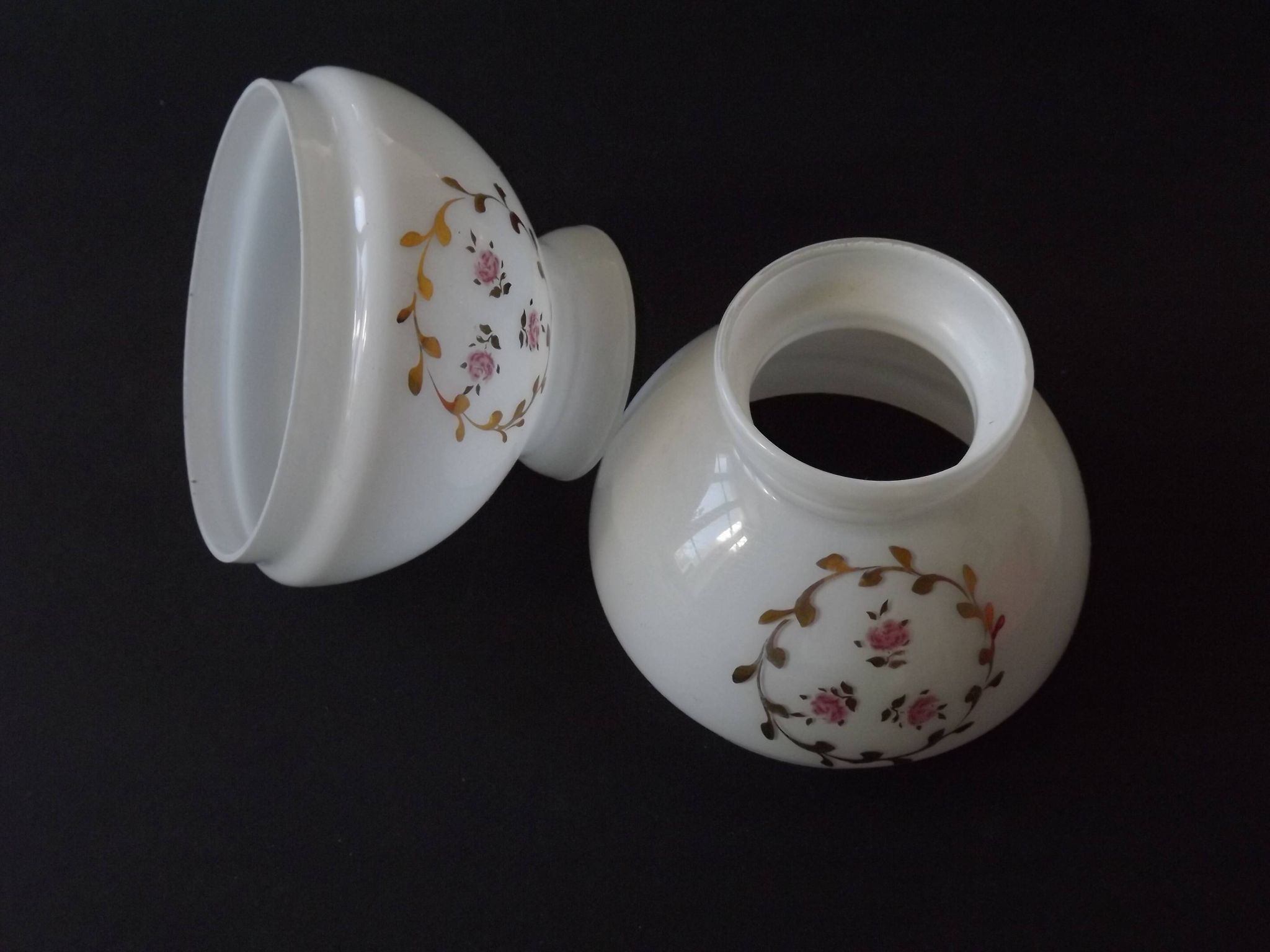 Pair of Vintage White Milk Glass Lamp Shades With Pink Roses & Gold Foliage