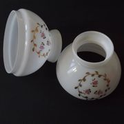 Pair of Vintage White Milk Glass Lamp Shades With Pink Roses & Gold Foliage
