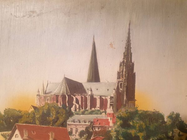 Huile sur panneau Paysage cathédrale encadré signé Ch Girardet 38
