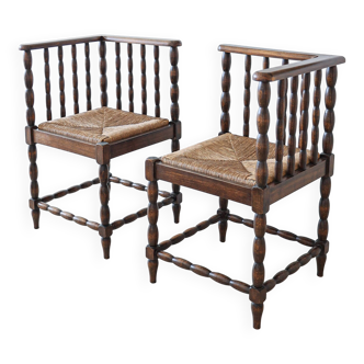 Set of antique rush bobbin corner stools, 1930s