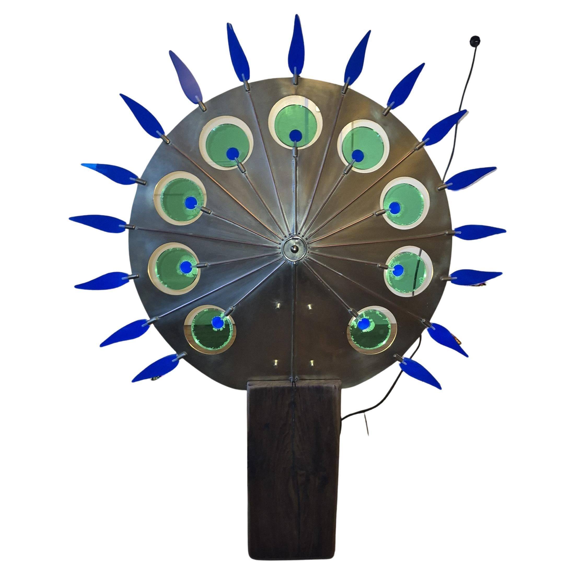 Lampadaire artisanal en laiton, chêne et plexiglas, Pays-Bas, années 1970