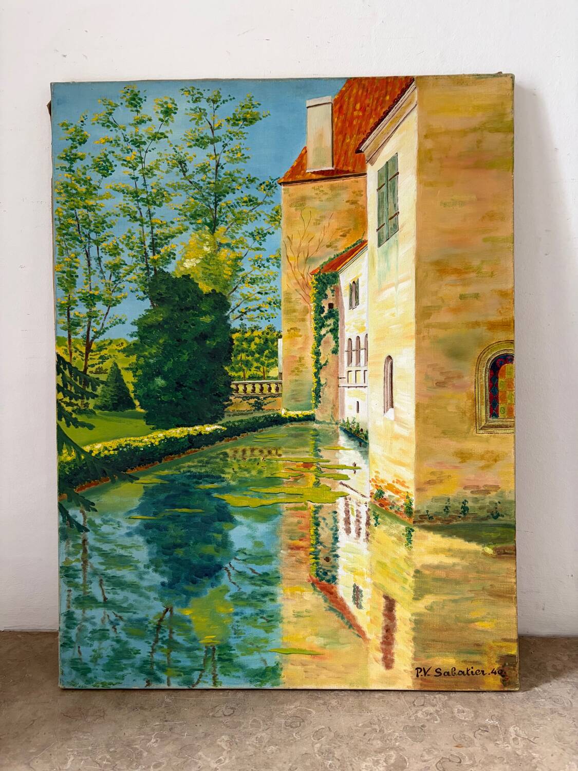 Reflets du château, huile sur toile, signé P.V. Sabatier 1940
