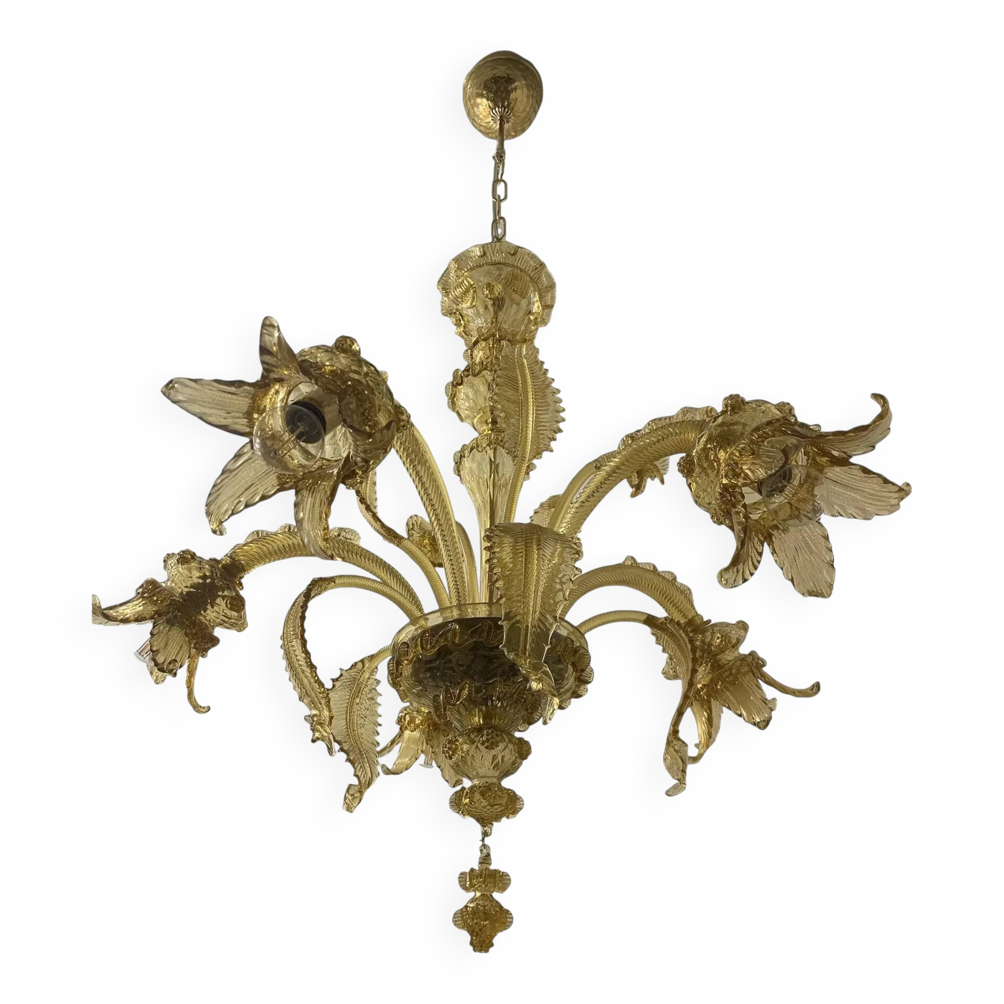 Murano Glass Chandelier, Amber, with Floral and Leaf Accents