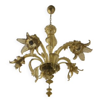 Murano Glass Chandelier, Amber, with Floral and Leaf Accents