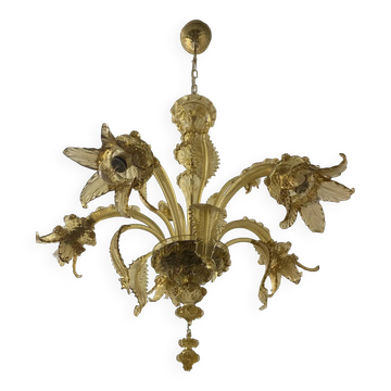 Murano Glass Chandelier, Amber, with Floral and Leaf Accents