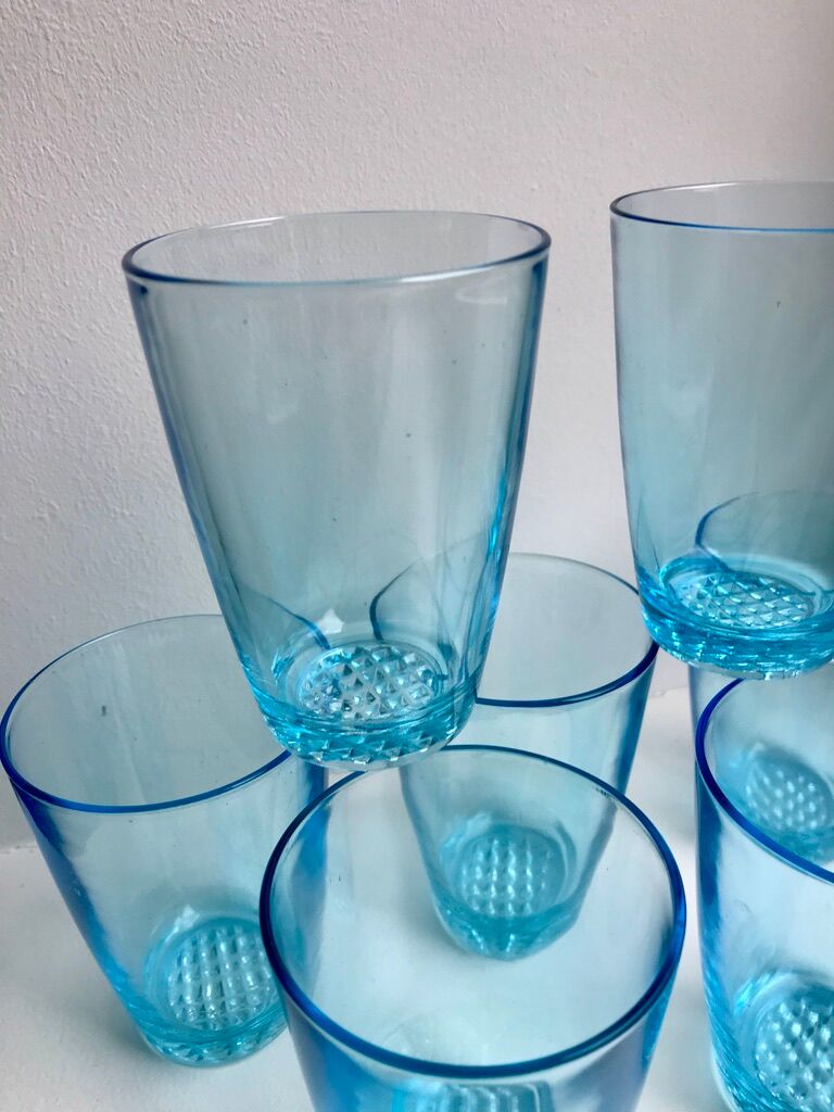 Set of 7 water glasses Made in France blue glass 70s