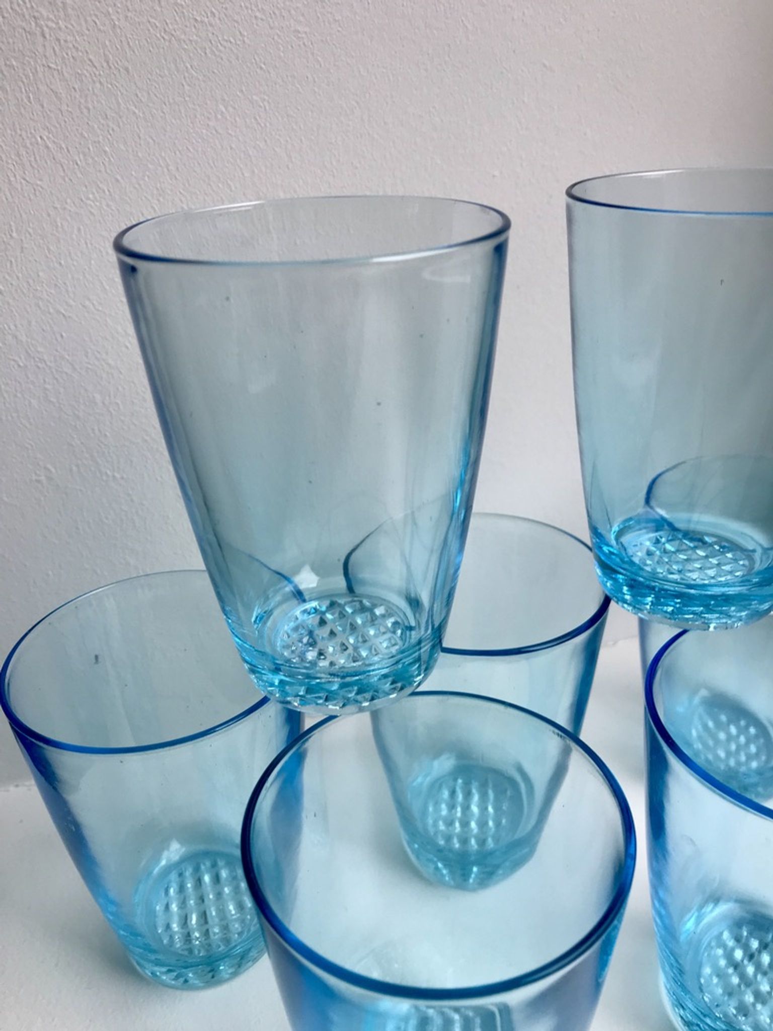 Set of 7 water glasses Made in France blue glass 70s