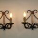 Pair of old antique French double lyre shape green wrought iron wall sconces