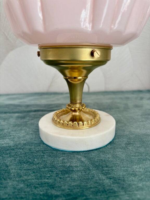 Art Deco lamp with pastel pink opaline globe.